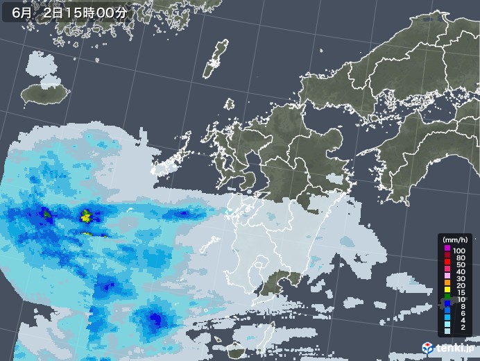 九州地方の雨雲レーダー(2021年06月02日)