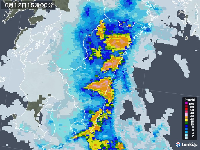 宮崎県の雨雲レーダー(2021年06月12日)