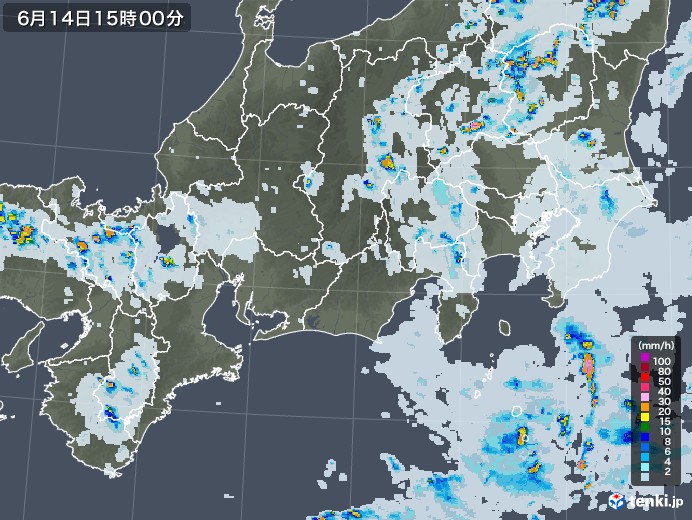 東海地方の雨雲レーダー(2021年06月14日)