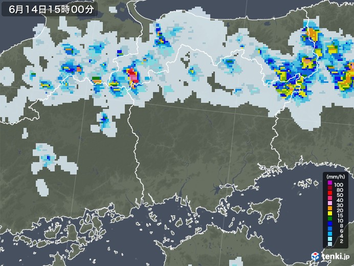 岡山県の雨雲レーダー(2021年06月14日)