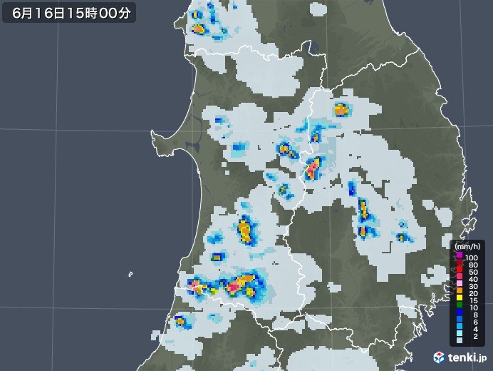 秋田県の雨雲レーダー(2021年06月16日)