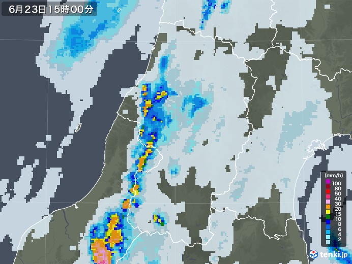 山形県の雨雲レーダー(2021年06月23日)