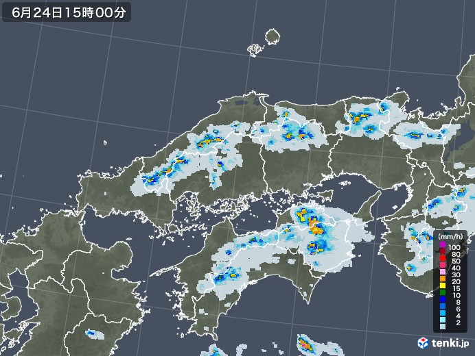 中国地方の雨雲レーダー(2021年06月24日)
