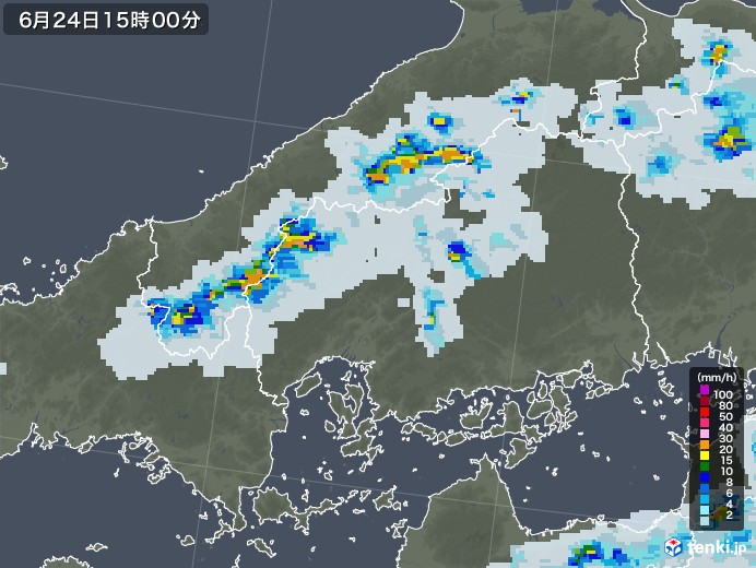 広島県の雨雲レーダー(2021年06月24日)