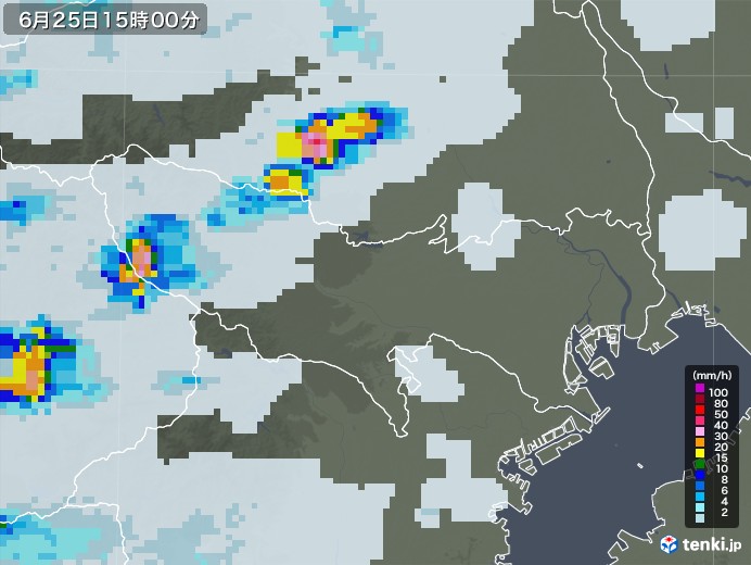 東京都の雨雲レーダー(2021年06月25日)