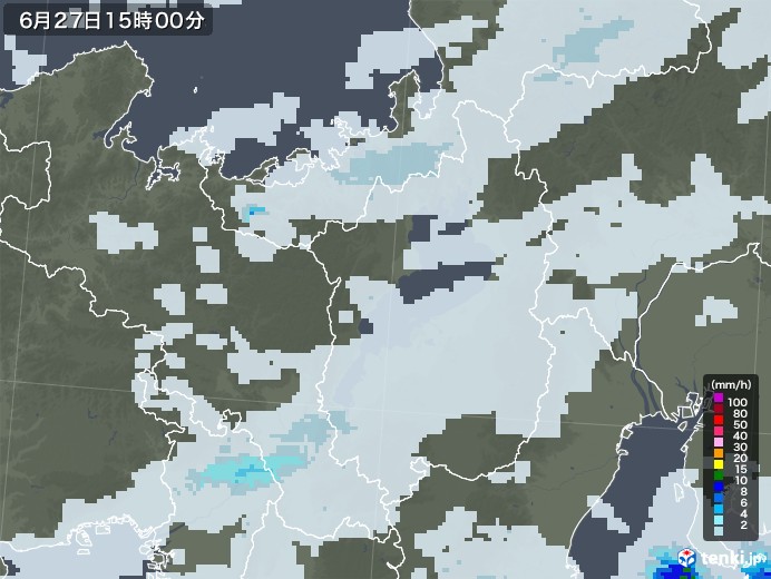 滋賀県の雨雲レーダー(2021年06月27日)