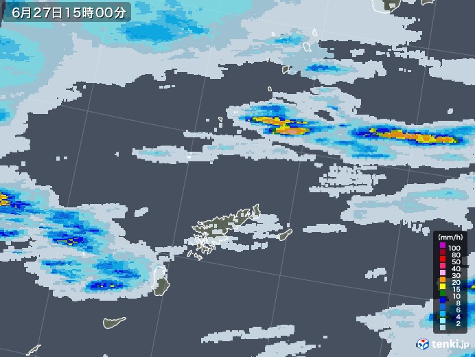 奄美諸島(鹿児島県)の雨雲レーダー(2021年06月27日)