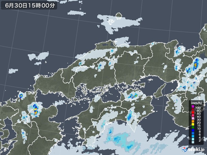 中国地方の雨雲レーダー(2021年06月30日)