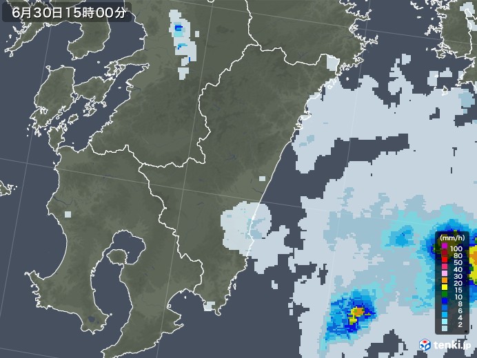 宮崎県の雨雲レーダー(2021年06月30日)