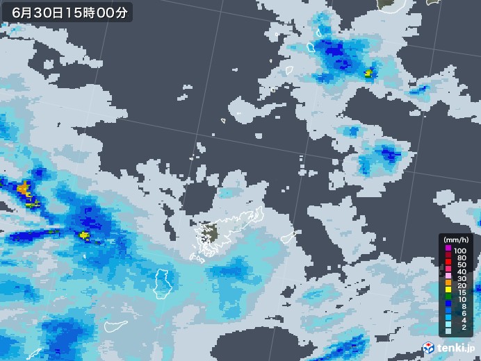奄美諸島(鹿児島県)の雨雲レーダー(2021年06月30日)