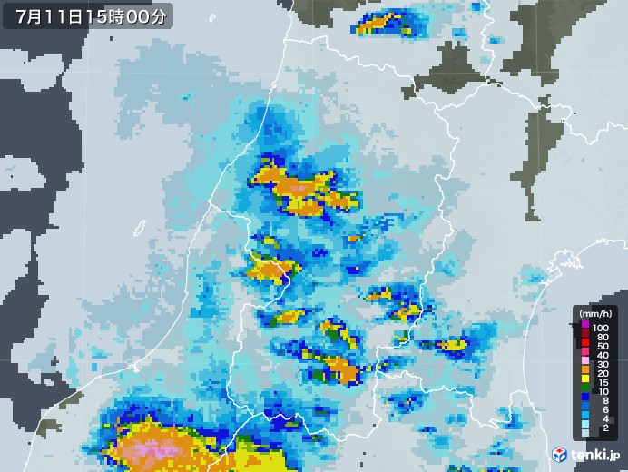 山形県の雨雲レーダー(2021年07月11日)