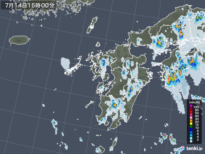 九州地方の雨雲レーダー(2021年07月14日)