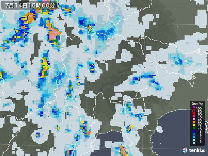 山梨県の雨雲レーダー(2021年07月14日)