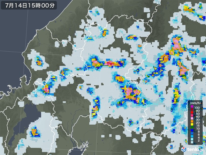 岐阜県の雨雲レーダー(2021年07月14日)