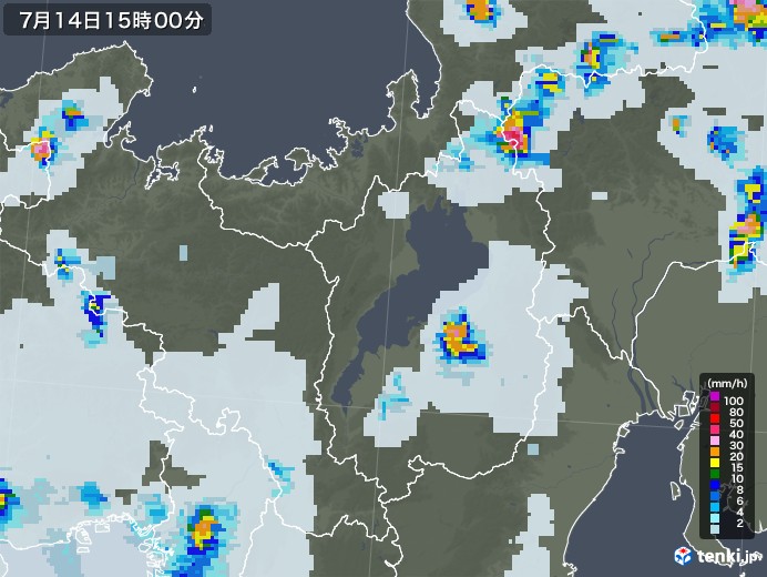 滋賀県の雨雲レーダー(2021年07月14日)