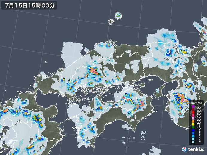 中国地方の雨雲レーダー(2021年07月15日)