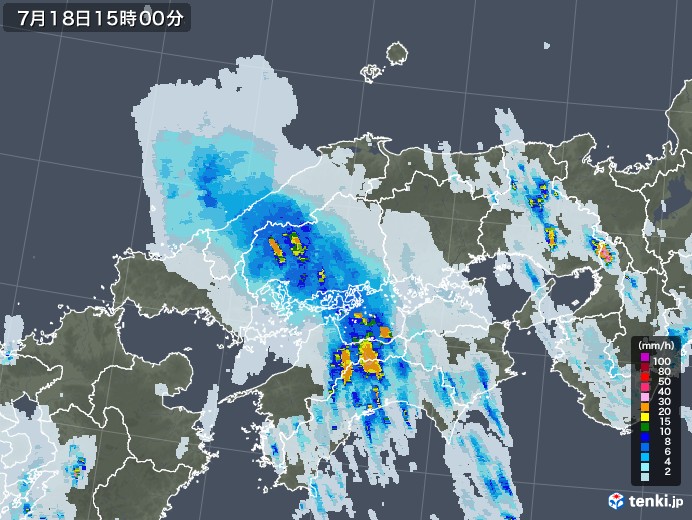 中国地方の雨雲レーダー(2021年07月18日)