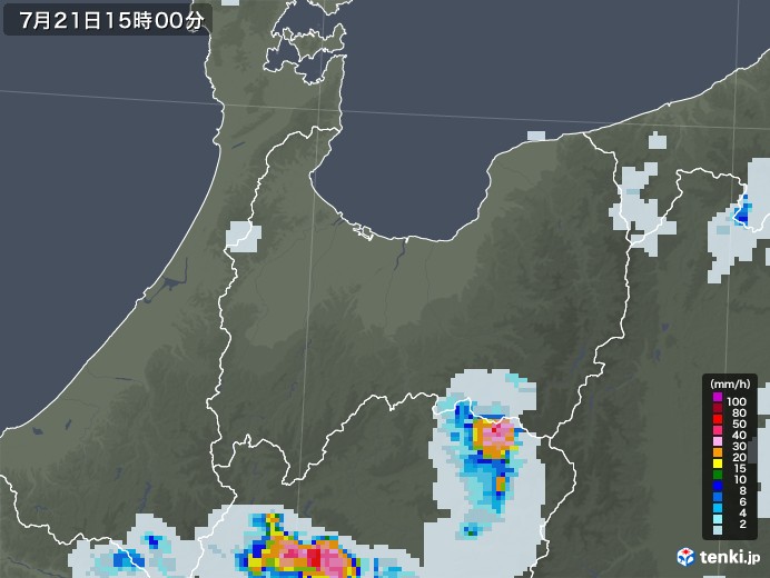 富山県の雨雲レーダー(2021年07月21日)