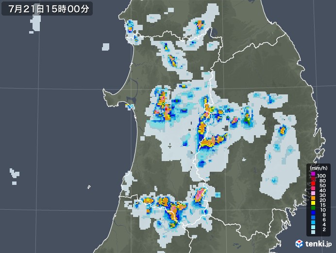秋田県の雨雲レーダー(2021年07月21日)