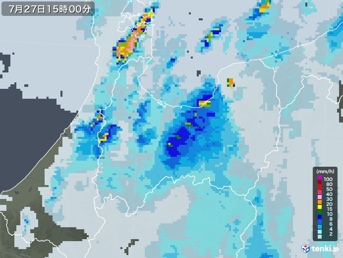 富山県の雨雲レーダー(2021年07月27日)