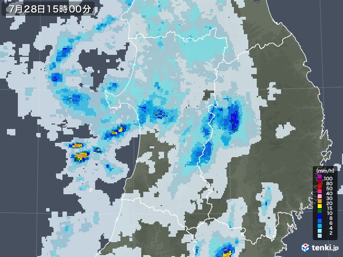 秋田県の雨雲レーダー(2021年07月28日)