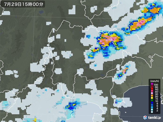 山梨県の雨雲レーダー(2021年07月29日)