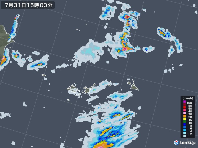 宮古・石垣・与那国(沖縄県)の雨雲レーダー(2021年07月31日)