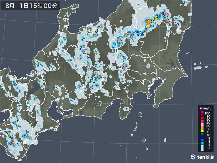 関東・甲信地方の雨雲レーダー(2021年08月01日)