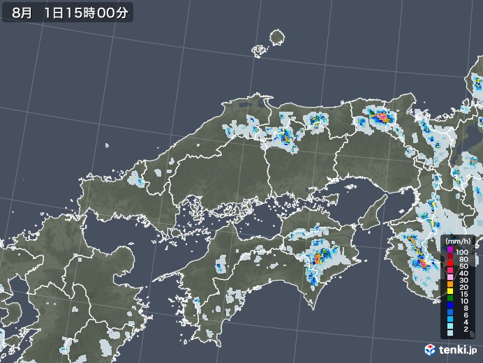 中国地方の雨雲レーダー(2021年08月01日)