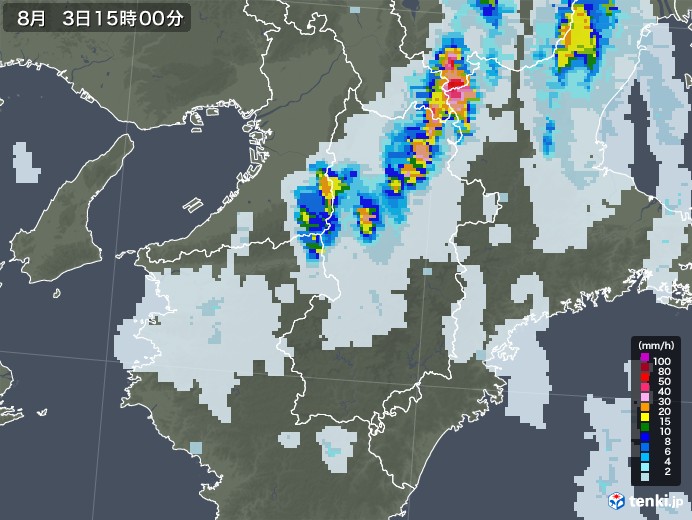 奈良県の雨雲レーダー(2021年08月03日)