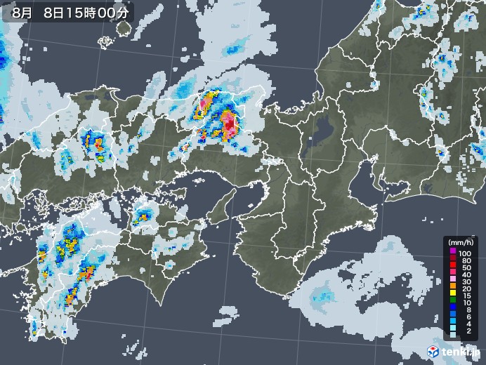 近畿地方の雨雲レーダー(2021年08月08日)