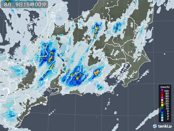 関東・甲信地方の雨雲レーダー(2021年08月09日)