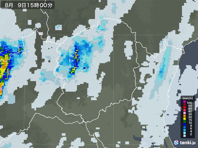 栃木県の雨雲レーダー(2021年08月09日)