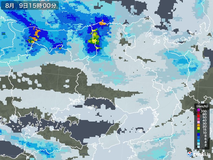 兵庫県の雨雲レーダー(2021年08月09日)