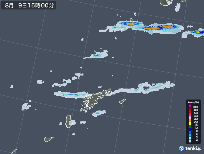 奄美諸島(鹿児島県)の雨雲レーダー(2021年08月09日)