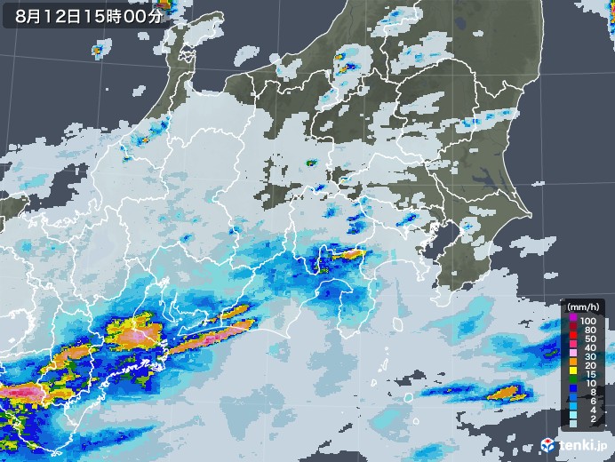 関東・甲信地方の雨雲レーダー(2021年08月12日)