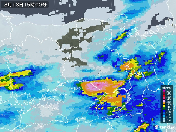 兵庫県の雨雲レーダー(2021年08月13日)