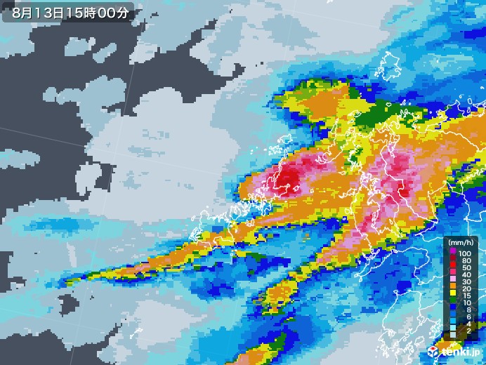 五島列島(長崎県)の雨雲レーダー(2021年08月13日)