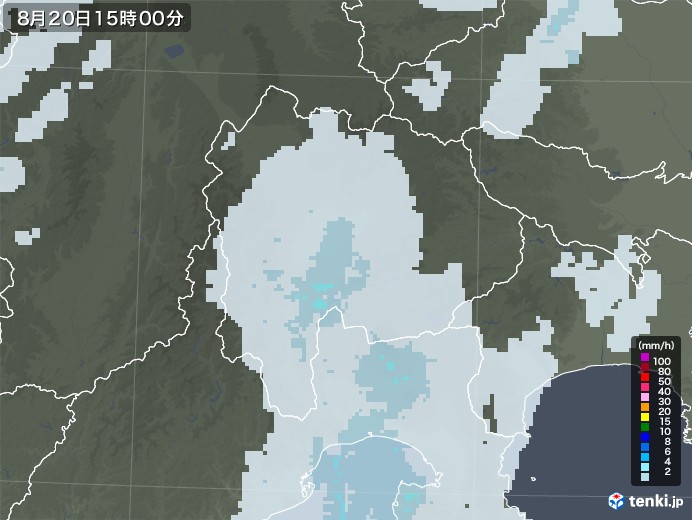 山梨県の雨雲レーダー(2021年08月20日)