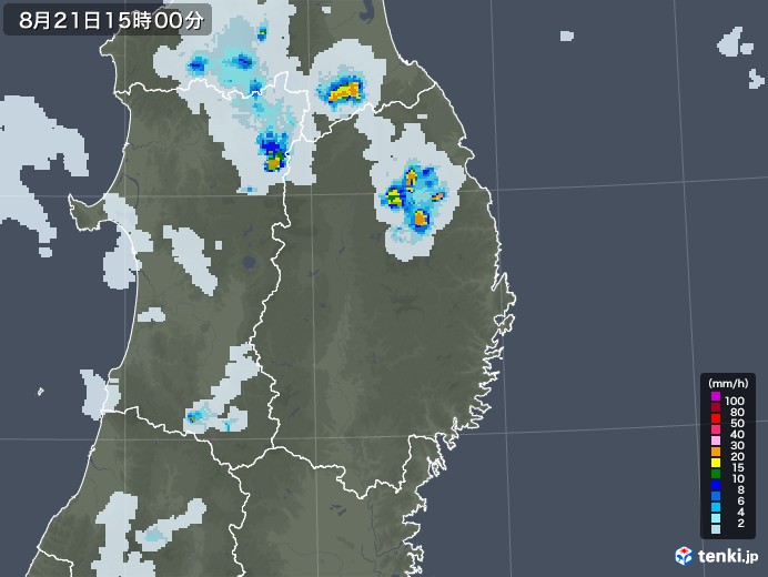 岩手県の雨雲レーダー(2021年08月21日)