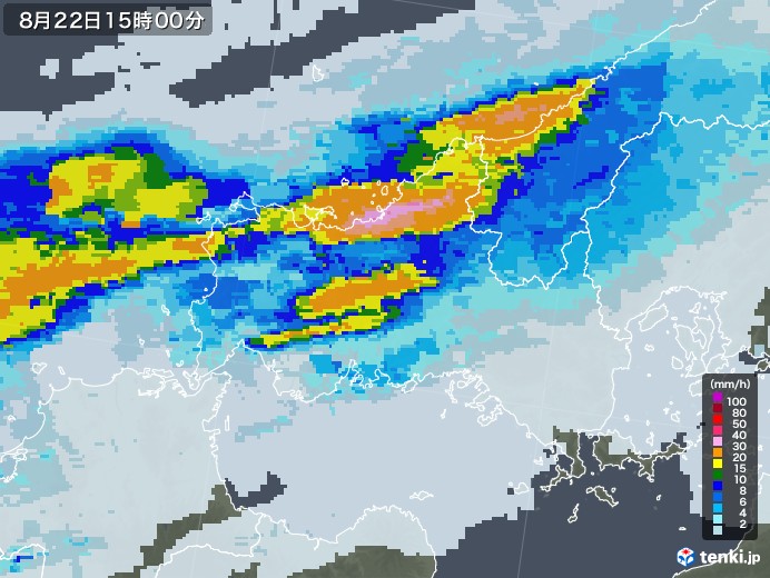 山口県の雨雲レーダー(2021年08月22日)