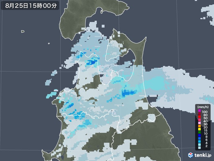 青森県の雨雲レーダー(2021年08月25日)