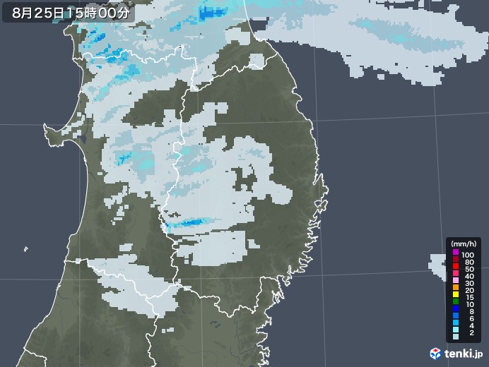 岩手県の雨雲レーダー(2021年08月25日)