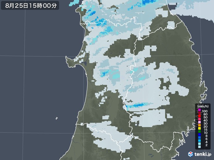 秋田県の雨雲レーダー(2021年08月25日)