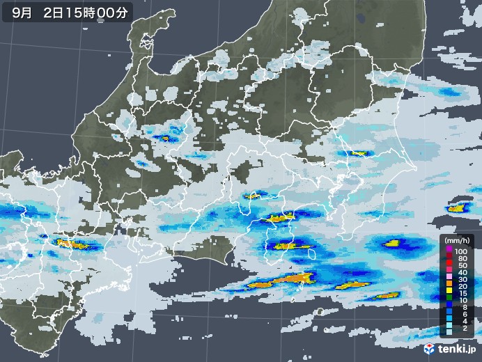 関東・甲信地方の雨雲レーダー(2021年09月02日)
