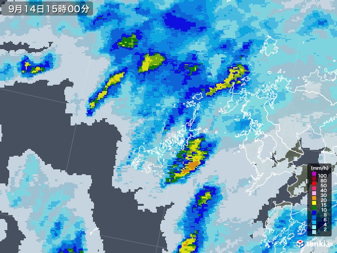 五島列島(長崎県)の雨雲レーダー(2021年09月14日)