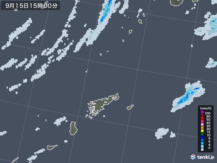 奄美諸島(鹿児島県)の雨雲レーダー(2021年09月15日)