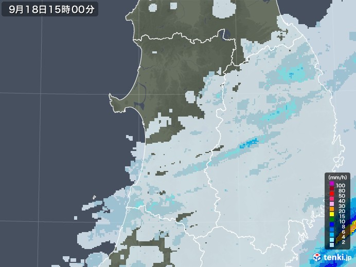 秋田県の雨雲レーダー(2021年09月18日)