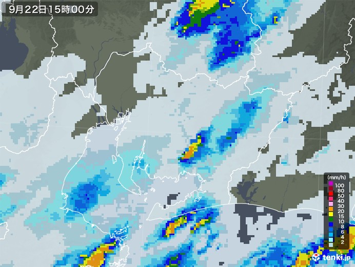 愛知県の雨雲レーダー(2021年09月22日)