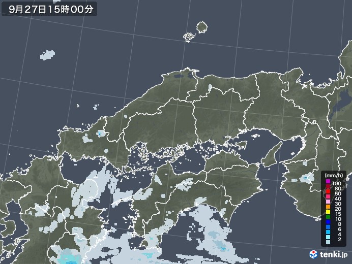 中国地方の雨雲レーダー(2021年09月27日)